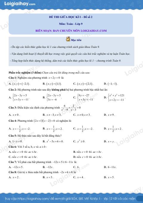 Đề thi giữa kì 1 Toán 9 - Đề số 2